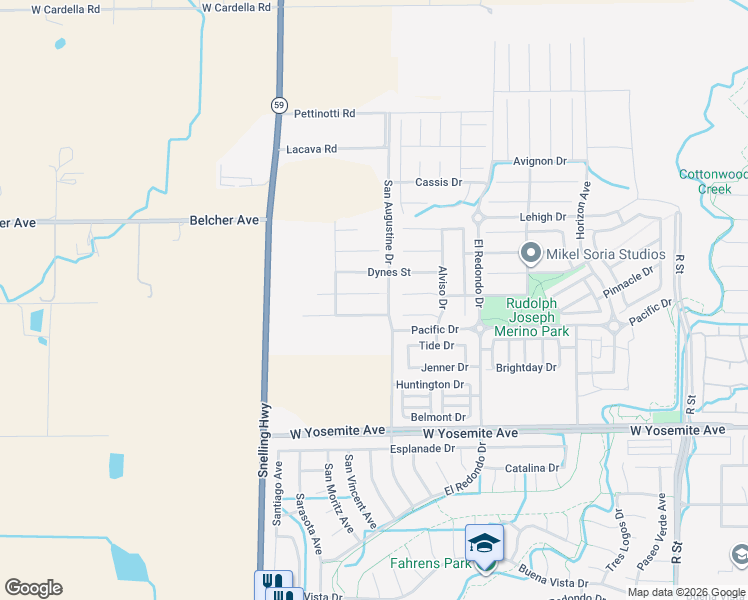 map of restaurants, bars, coffee shops, grocery stores, and more near 1420 Antioch Court in Merced