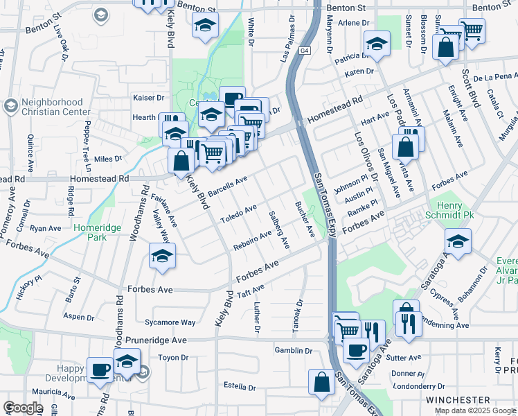 map of restaurants, bars, coffee shops, grocery stores, and more near 695 Cupples Court in Santa Clara