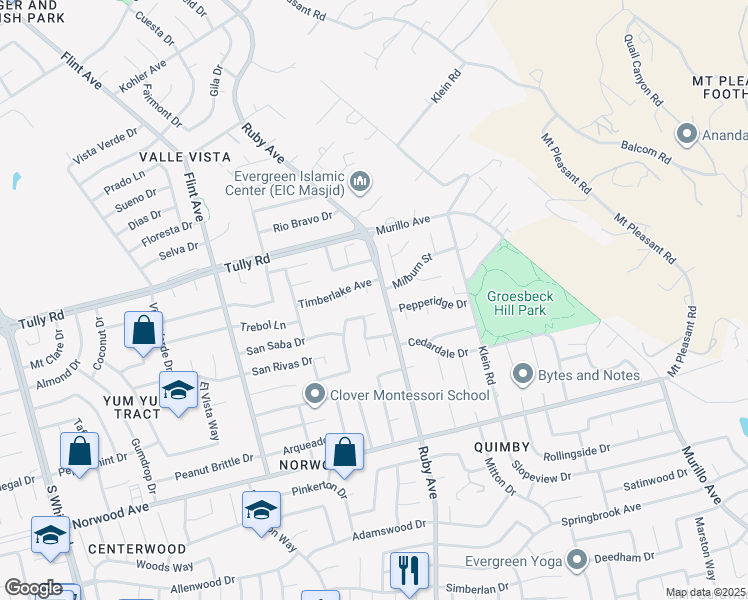 map of restaurants, bars, coffee shops, grocery stores, and more near 2630 Raritan Pl in San Jose