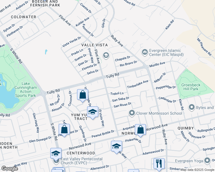 map of restaurants, bars, coffee shops, grocery stores, and more near 2594 Flint Avenue in San Jose