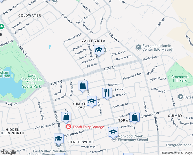 map of restaurants, bars, coffee shops, grocery stores, and more near 2555 Alto Court in San Jose