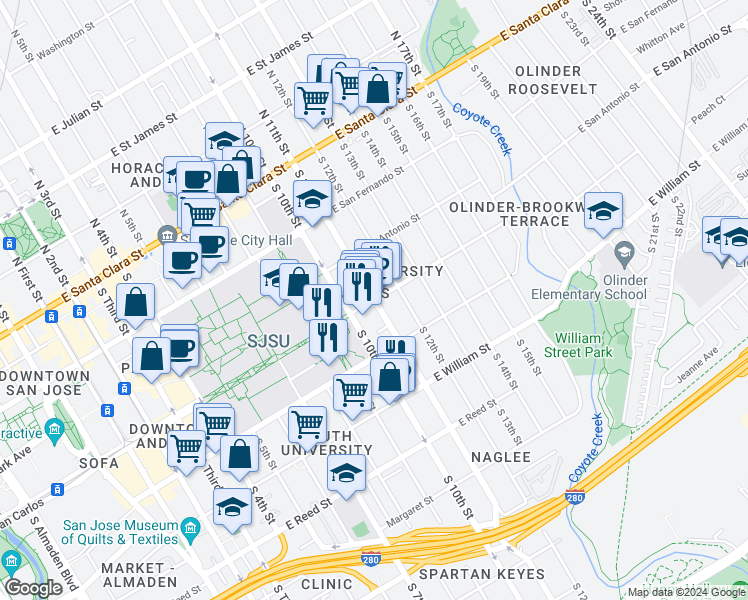 map of restaurants, bars, coffee shops, grocery stores, and more near South 11th Street & East San Carlos Street in San Jose