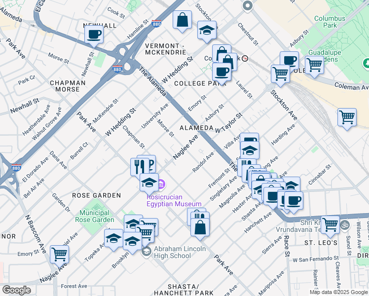 map of restaurants, bars, coffee shops, grocery stores, and more near Naglee Ave & Morse St in San Jose