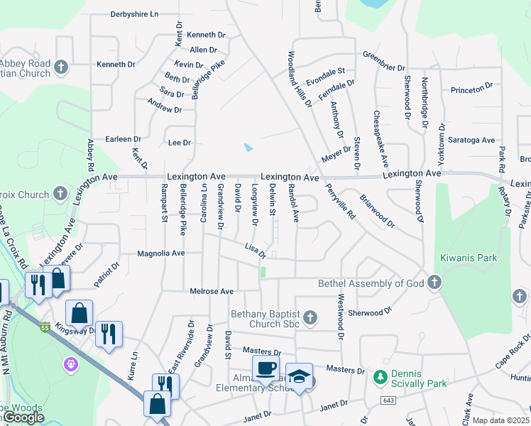 map of restaurants, bars, coffee shops, grocery stores, and more near 1950 Delwin Street in Cape Girardeau