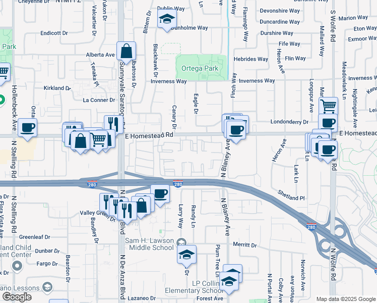 map of restaurants, bars, coffee shops, grocery stores, and more near 10941 Northsky Square in Cupertino