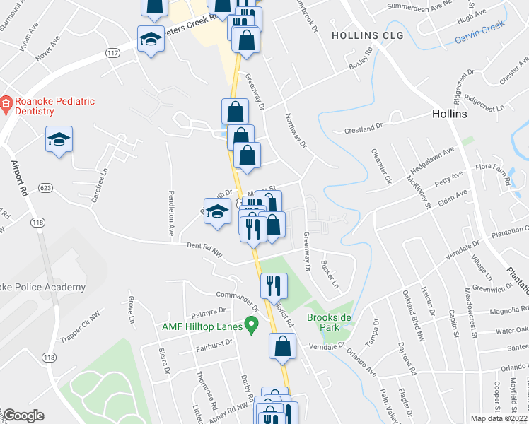 map of restaurants, bars, coffee shops, grocery stores, and more near 6619 Williamson Road in Roanoke