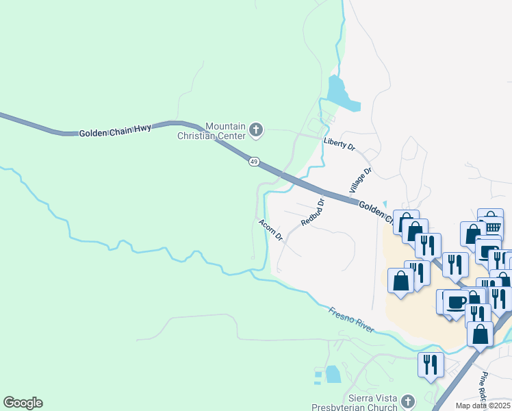 map of restaurants, bars, coffee shops, grocery stores, and more near 40473 Bollinger Place in Oakhurst