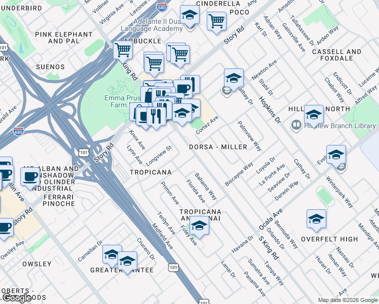 map of restaurants, bars, coffee shops, grocery stores, and more near 1694 Scotty Street in San Jose