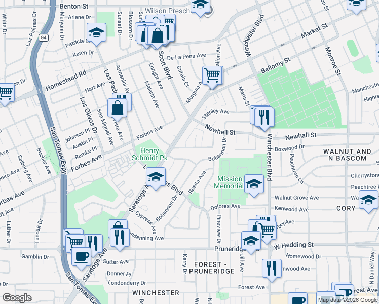 map of restaurants, bars, coffee shops, grocery stores, and more near 2112 Town and Country Lane in Santa Clara