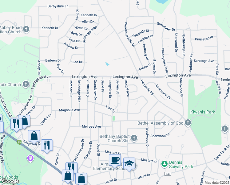 map of restaurants, bars, coffee shops, grocery stores, and more near 1950 Delwin Street in Cape Girardeau