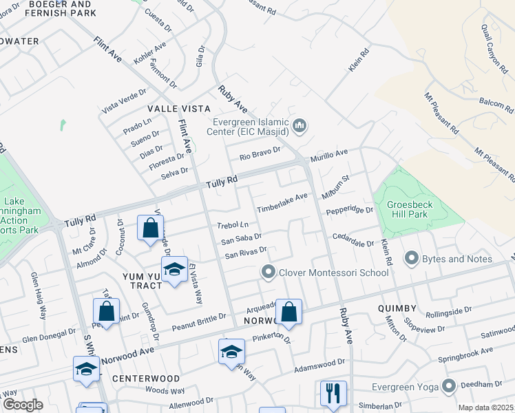 map of restaurants, bars, coffee shops, grocery stores, and more near 3411 Timberlake Ave in San Jose