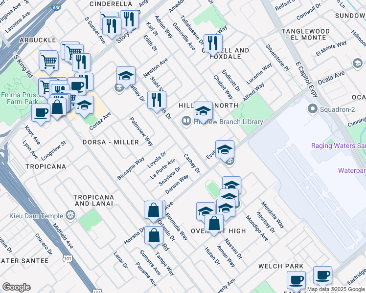 map of restaurants, bars, coffee shops, grocery stores, and more near 1694 Cathay Drive in San Jose