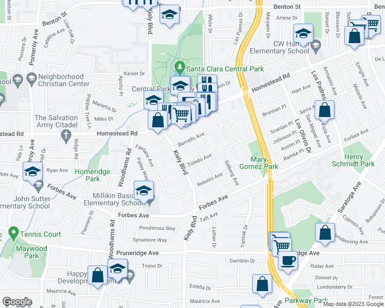 map of restaurants, bars, coffee shops, grocery stores, and more near 719 Pritchard Court in Santa Clara