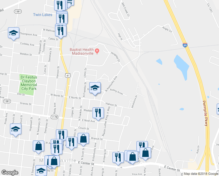 map of restaurants, bars, coffee shops, grocery stores, and more near 624 North Kentucky Avenue in Madisonville