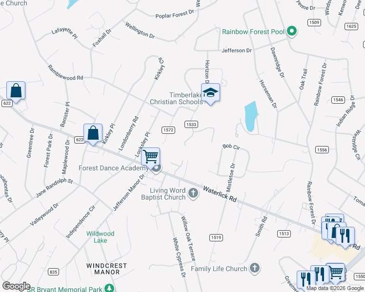 map of restaurants, bars, coffee shops, grocery stores, and more near 423 Horizon Drive in Forest