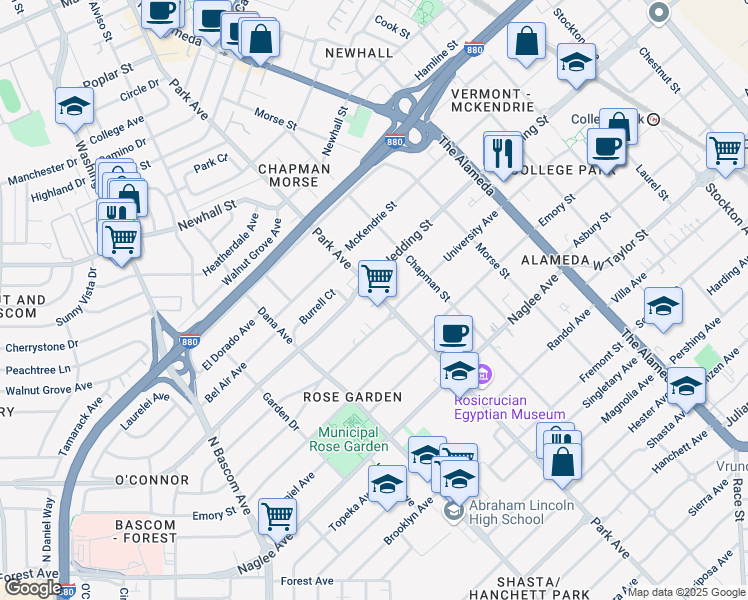 map of restaurants, bars, coffee shops, grocery stores, and more near 1881 Park Avenue in San Jose