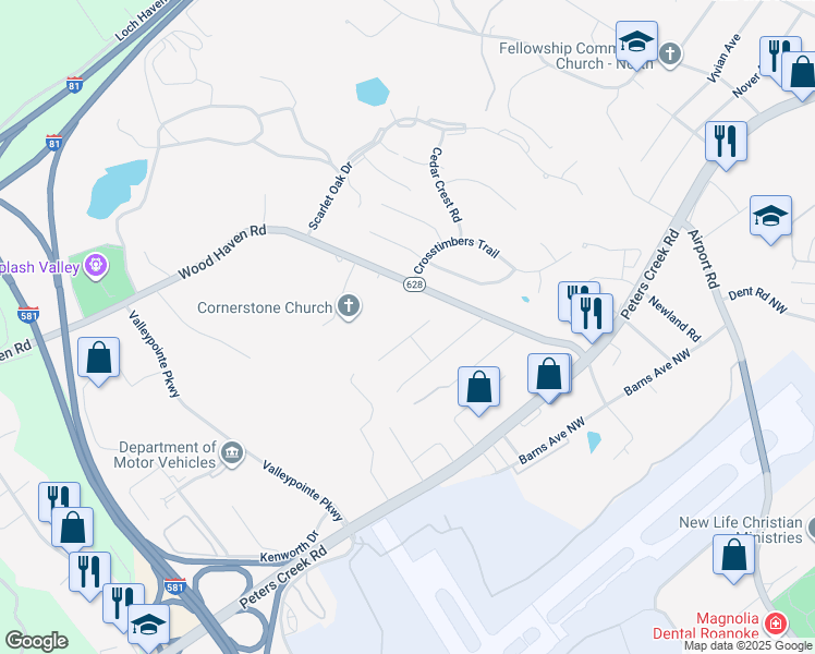 map of restaurants, bars, coffee shops, grocery stores, and more near 7004 Linn Drive in Roanoke