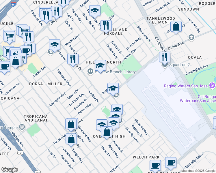 map of restaurants, bars, coffee shops, grocery stores, and more near 2091 Evelyn Avenue in San Jose