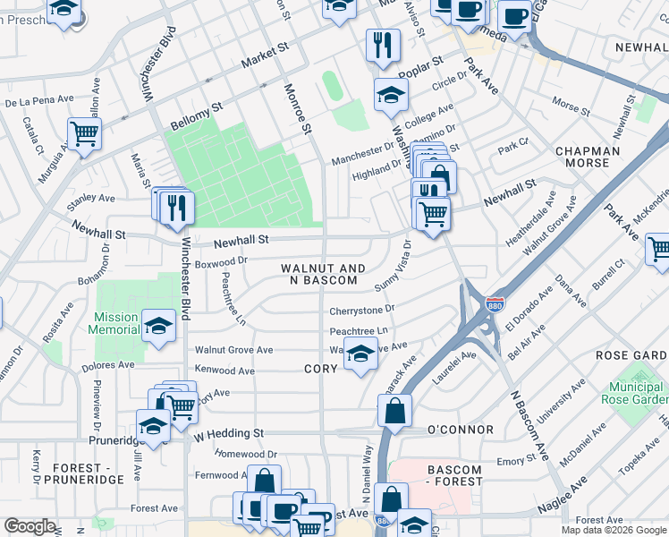 map of restaurants, bars, coffee shops, grocery stores, and more near 2285 Tulip Road in San Jose