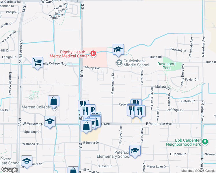 map of restaurants, bars, coffee shops, grocery stores, and more near 584 Bobolink Court in Merced