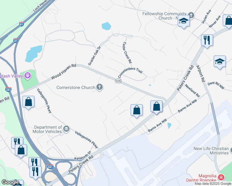 map of restaurants, bars, coffee shops, grocery stores, and more near 7004 Linn Drive in Roanoke
