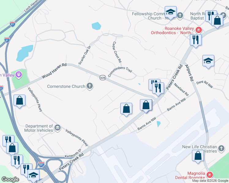 map of restaurants, bars, coffee shops, grocery stores, and more near 7027 Linn Drive in Hollins