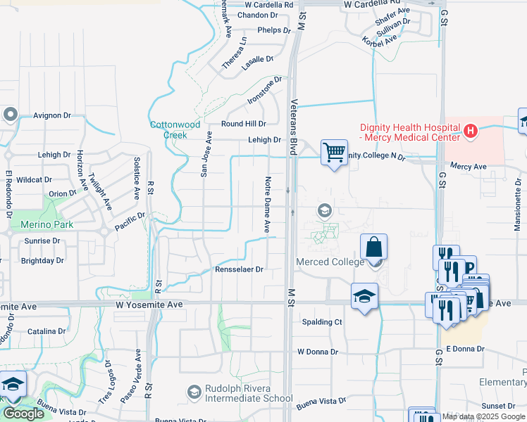 map of restaurants, bars, coffee shops, grocery stores, and more near 3899 Notre Dame Avenue in Merced