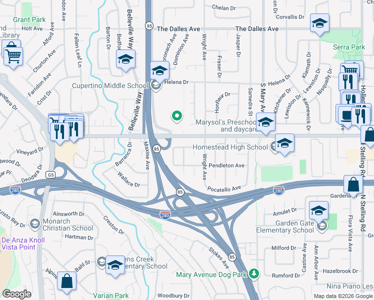 map of restaurants, bars, coffee shops, grocery stores, and more near 1712 Calgary Drive in Sunnyvale