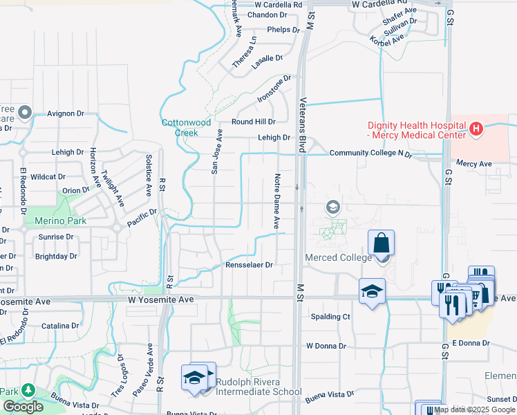 map of restaurants, bars, coffee shops, grocery stores, and more near 3899 Notre Dame Avenue in Merced
