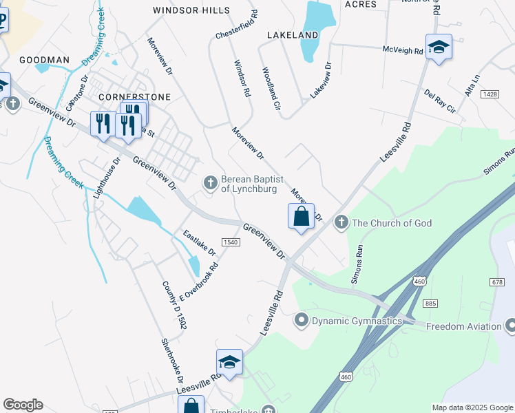 map of restaurants, bars, coffee shops, grocery stores, and more near 1502 Greenview Drive in Lynchburg