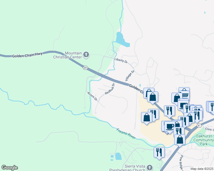 map of restaurants, bars, coffee shops, grocery stores, and more near 48211 Lindsay Lane in Oakhurst