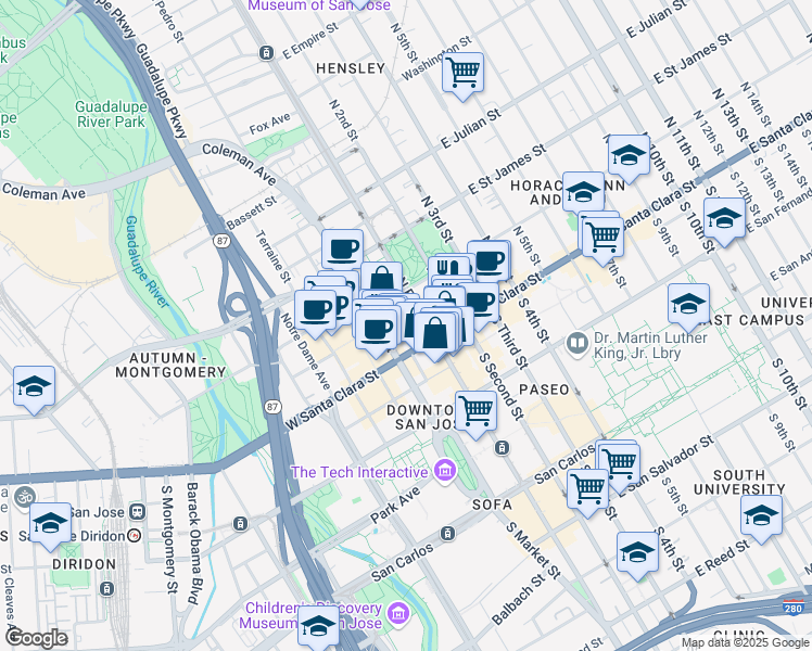 map of restaurants, bars, coffee shops, grocery stores, and more near 66 N Market St in San Jose