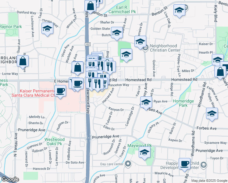 map of restaurants, bars, coffee shops, grocery stores, and more near 751 Harvard Avenue in Santa Clara