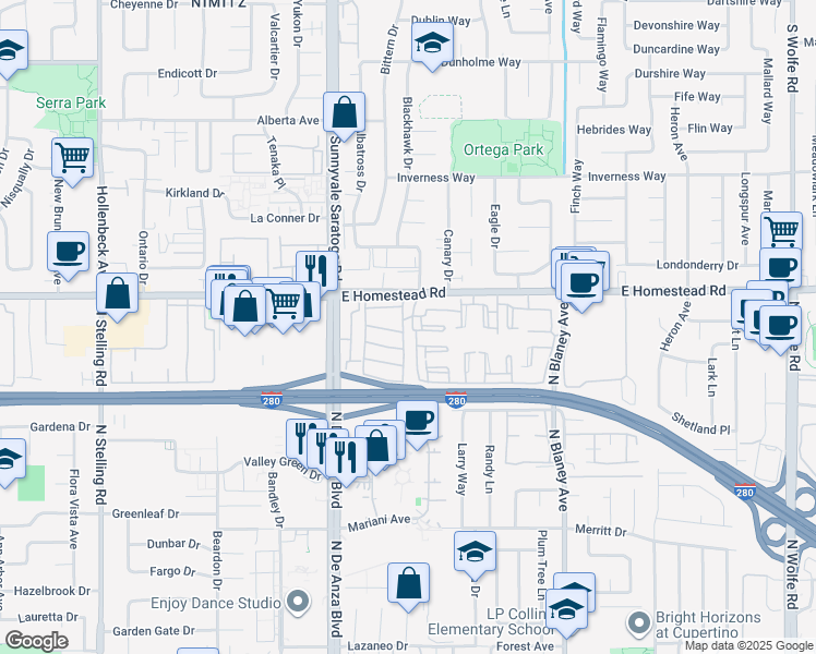 map of restaurants, bars, coffee shops, grocery stores, and more near 10946 Vía Sorrento in Cupertino