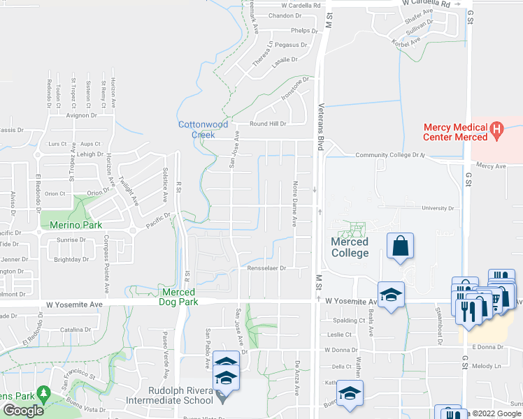 map of restaurants, bars, coffee shops, grocery stores, and more near 3883 De Paul Court in Merced