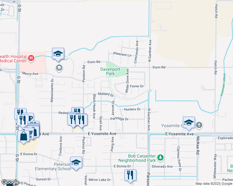 map of restaurants, bars, coffee shops, grocery stores, and more near 1354 Christopher Drive in Merced