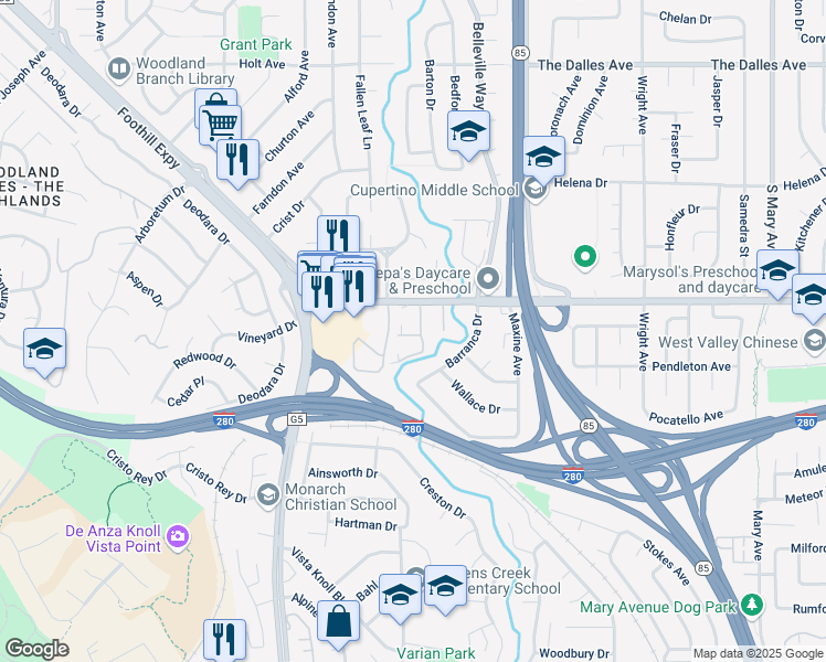 map of restaurants, bars, coffee shops, grocery stores, and more near 10923 Sweet Oak Street in Cupertino