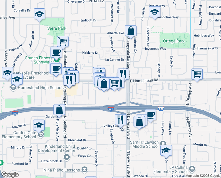 map of restaurants, bars, coffee shops, grocery stores, and more near 20670 Homestead Road in Cupertino