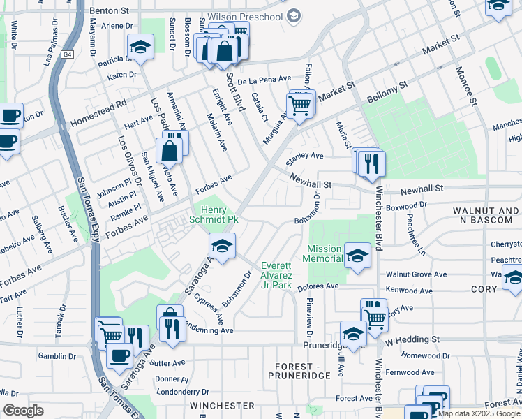 map of restaurants, bars, coffee shops, grocery stores, and more near 2112 Town and Country Lane in Santa Clara