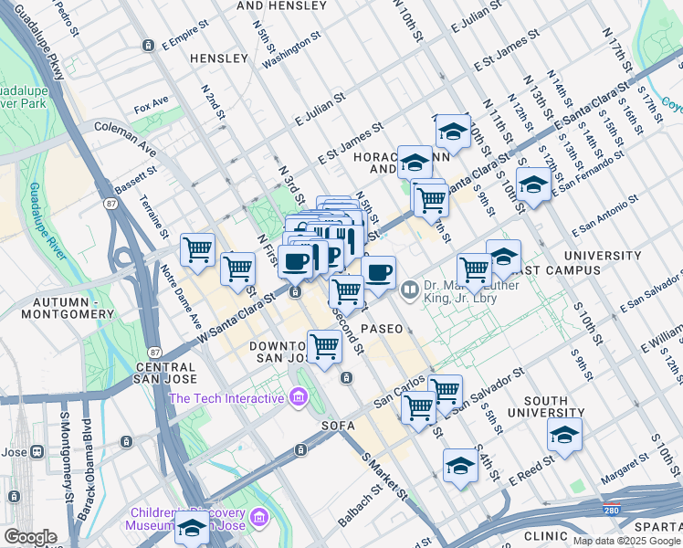 map of restaurants, bars, coffee shops, grocery stores, and more near 25 South Third Street in San Jose