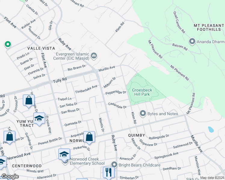 map of restaurants, bars, coffee shops, grocery stores, and more near 3411 Pepperidge Drive in San Jose