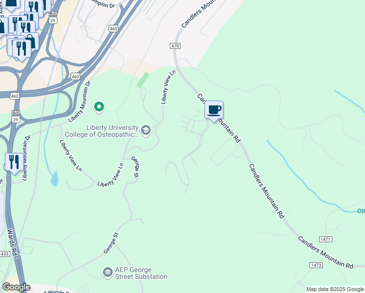 map of restaurants, bars, coffee shops, grocery stores, and more near 189 Monica Boulevard in Lynchburg