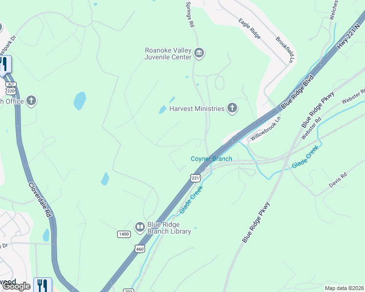 map of restaurants, bars, coffee shops, grocery stores, and more near 2 Wades Circle in Roanoke