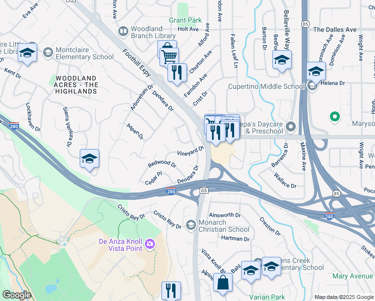 map of restaurants, bars, coffee shops, grocery stores, and more near 1585 Vineyard Drive in Los Altos