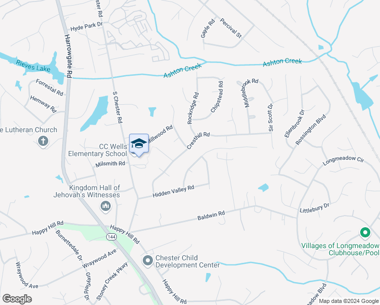 map of restaurants, bars, coffee shops, grocery stores, and more near 4013 Cresthill Road in Chester