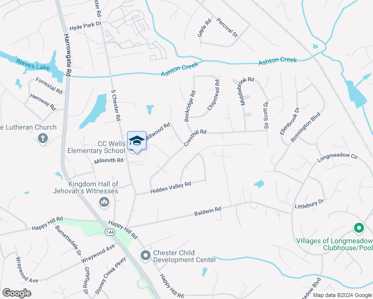 map of restaurants, bars, coffee shops, grocery stores, and more near 4013 Cresthill Road in Chester