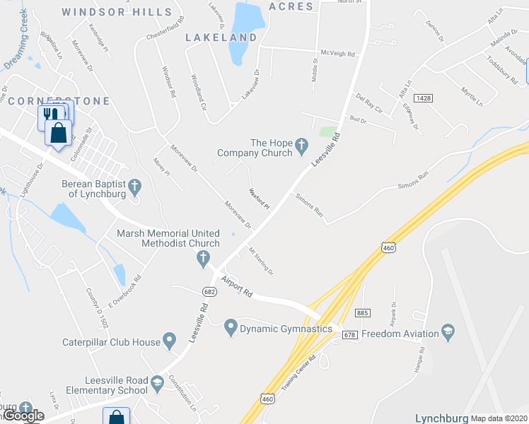 map of restaurants, bars, coffee shops, grocery stores, and more near 770 Leesville Road in Lynchburg