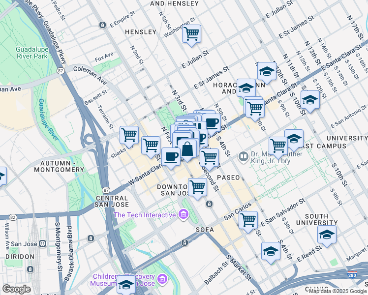 map of restaurants, bars, coffee shops, grocery stores, and more near in San Jose
