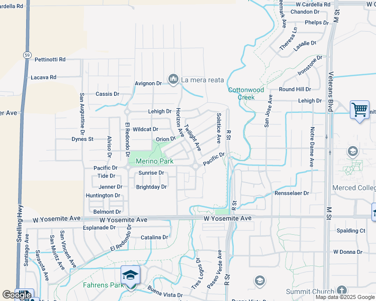 map of restaurants, bars, coffee shops, grocery stores, and more near 3854 Early Light Avenue in Merced