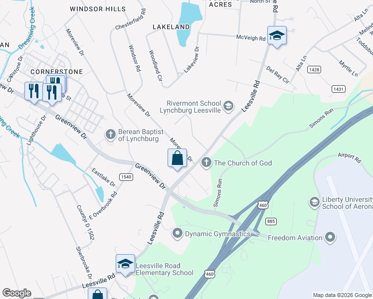 map of restaurants, bars, coffee shops, grocery stores, and more near 1004 Moreview Drive in Lynchburg